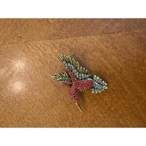 Vintage Hummingbird Brooch with Red and Blue Rhinestones